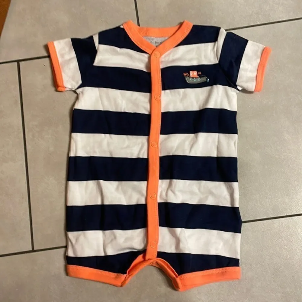 Carters boy navy blue and white striped onesie.